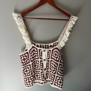 Marine Layer Crochet Knit Top - Cream & Brown Colorblock